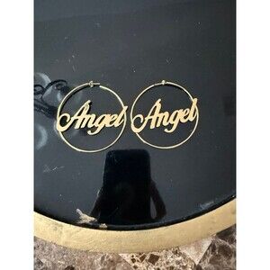 Custom Name Hoop Earrings “ANGEL” Gold Tone Large Hoops